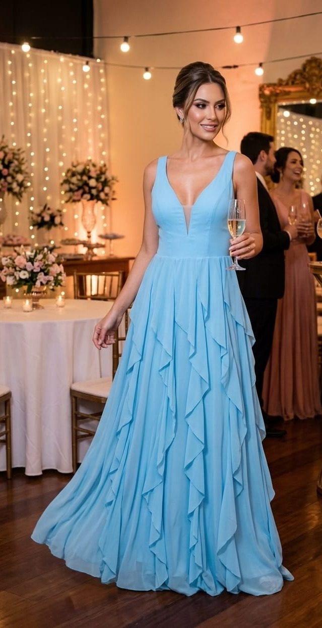 Madrinha de vestido azul-claro com babados