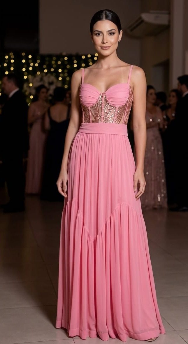 Formanda de vestido longo rosa com corpete