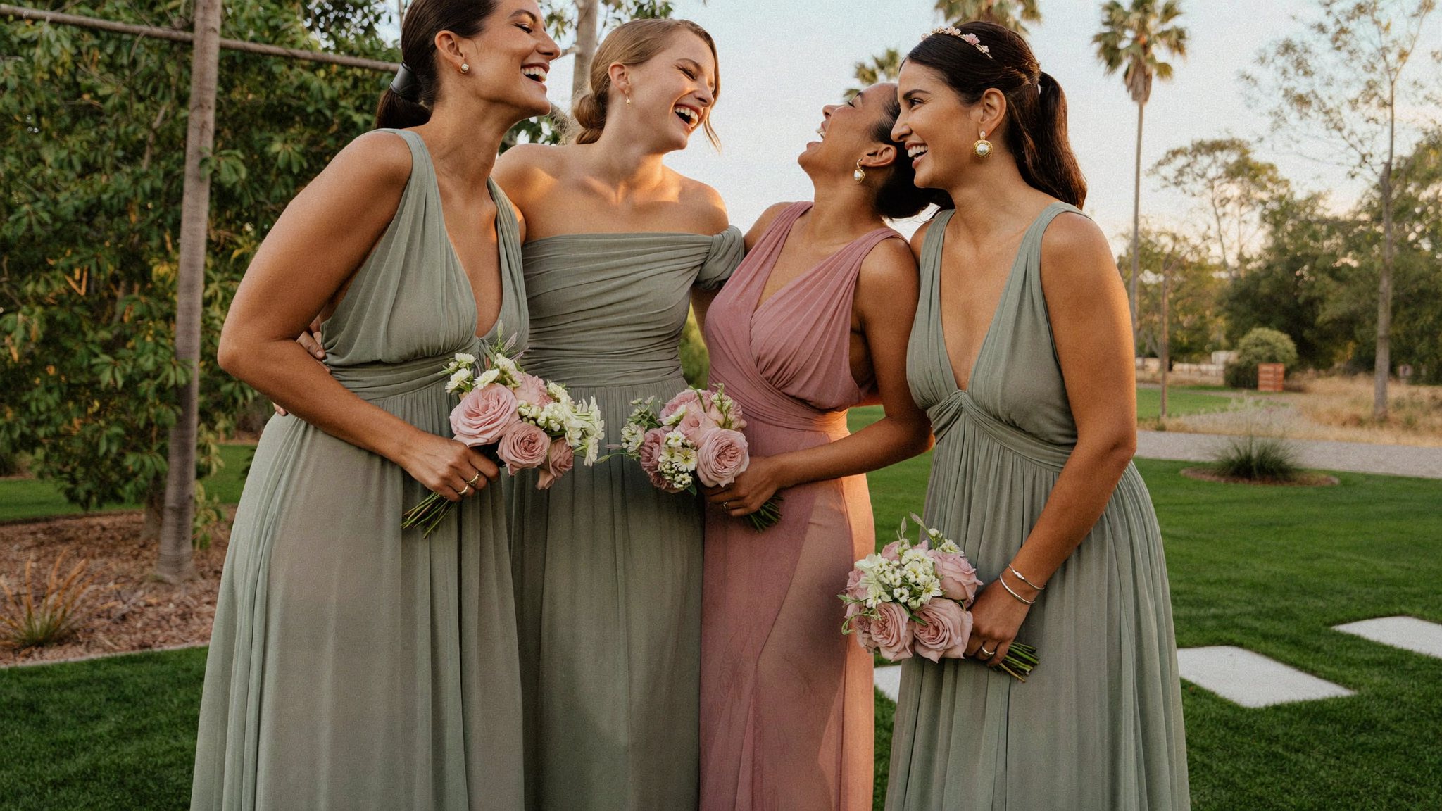 Madrinhas de vestidos verde-sálvia e rosé em um jardim