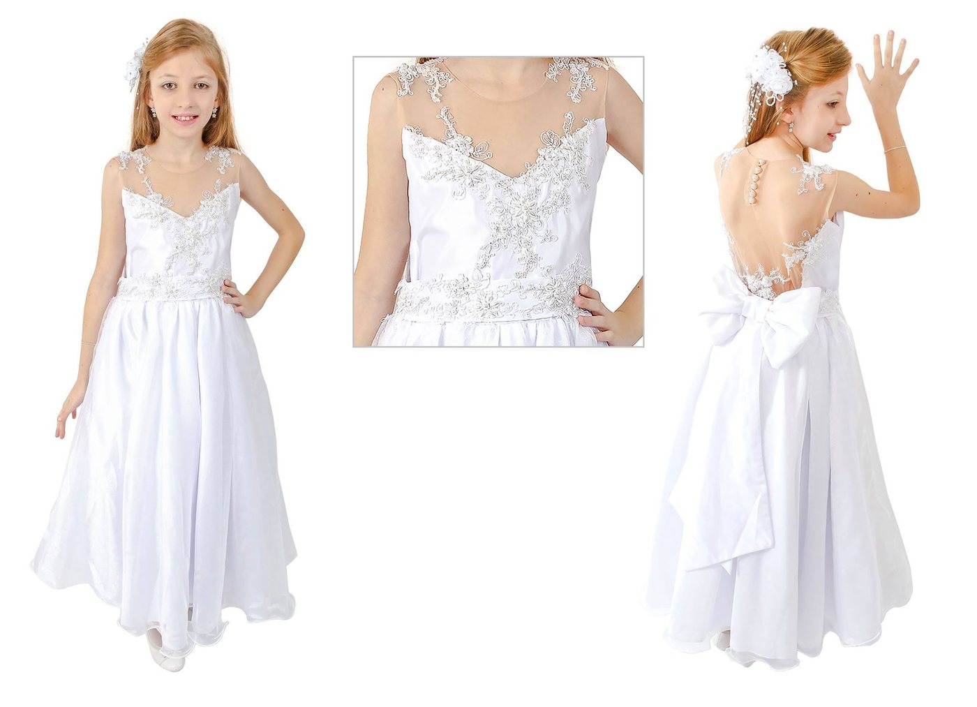 Vestido de daminha branco mostrado de frente, em detalhe do bordado e de costas com laço