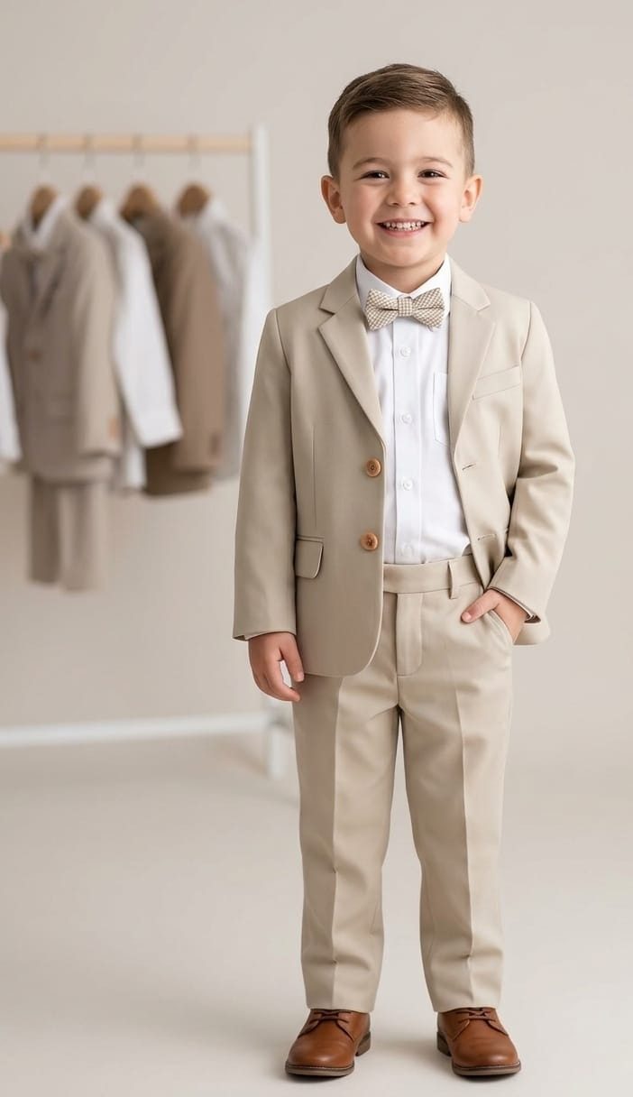 Menino sorrindo de terno bege, camisa branca e gravata-borboleta