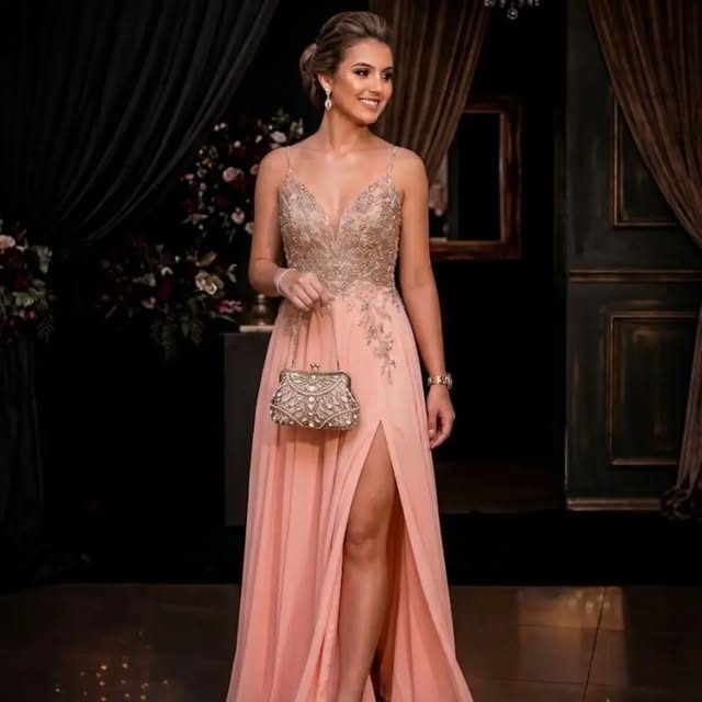 Vestido de festa nude com fenda