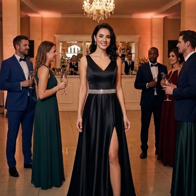 Vestido de festa preto acetinado com fenda