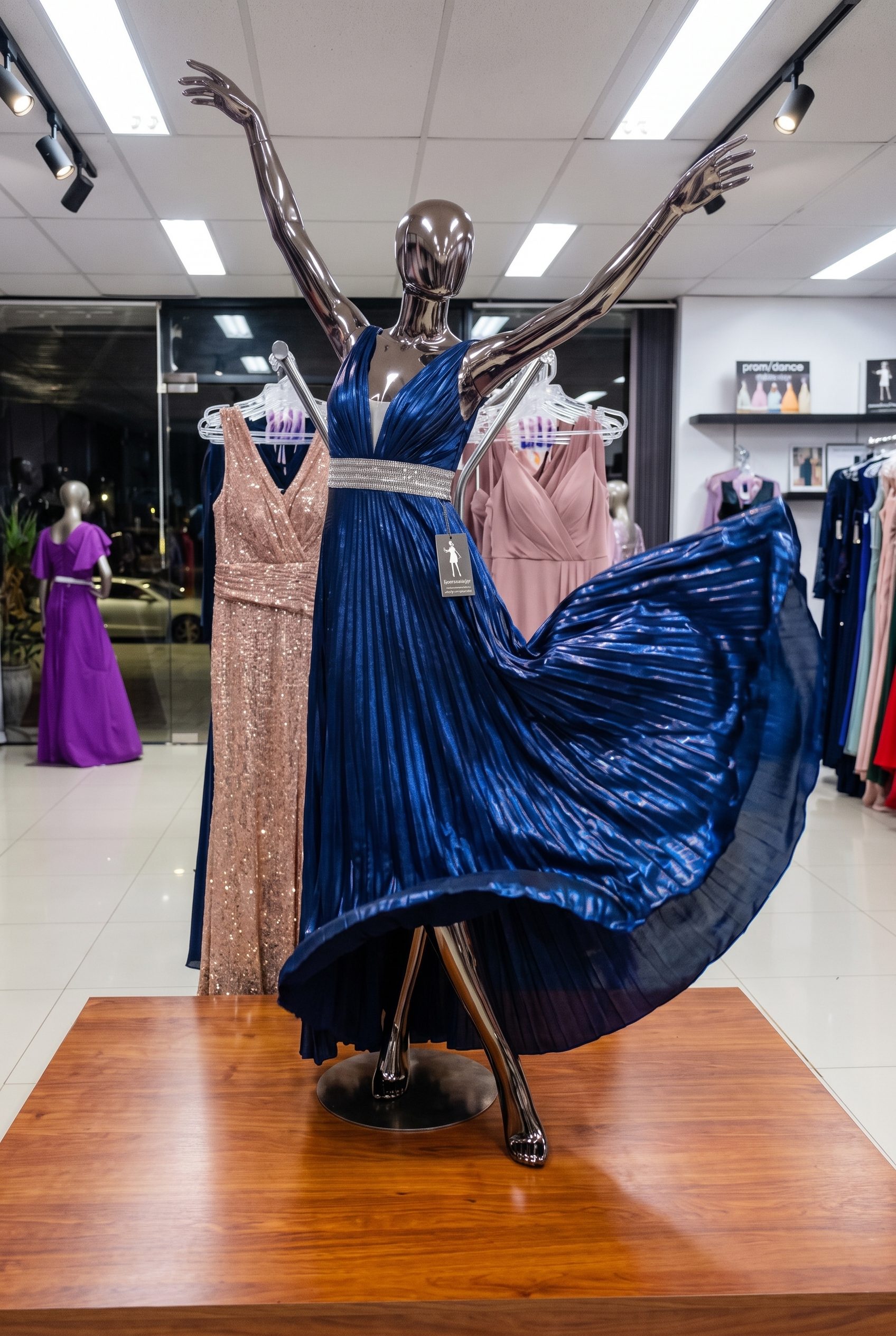 Vitrine da loja Dyvine com vestido azul plissado em manequim e araras de vestidos de festa