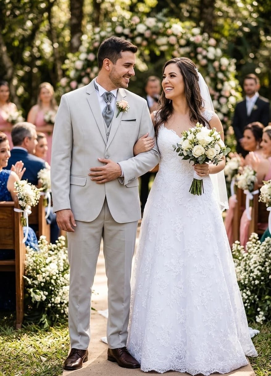 Noiva de vestido de renda caminhando de braço dado com o noivo após a cerimônia ao ar livre