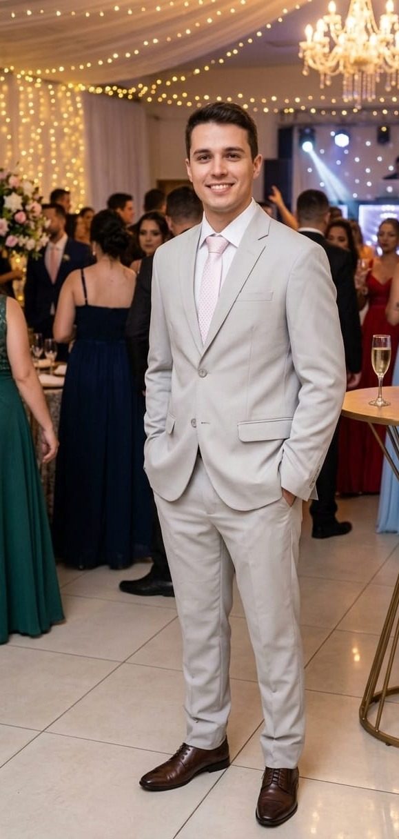 Formando de terno cinza-claro e gravata rosa no baile de formatura